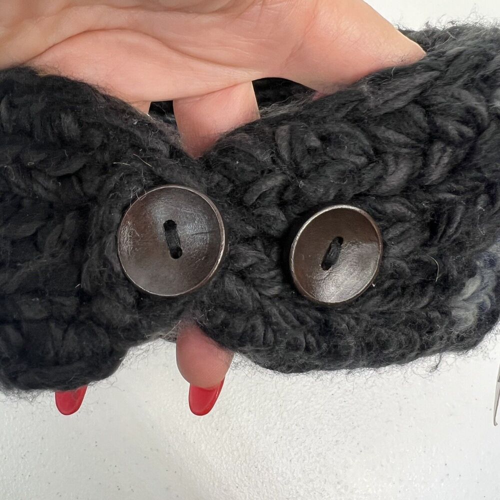 Crochet Hand Knit Headwrap Flower Accent Knit Black Pink Button Close Adjustable - Picture 8 of 9